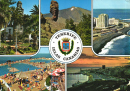 TENERIFE, CANARY ISLANDS, MULTIPLE VIEWS, ARCHITECTURE, PARK, BEACH, UMBRELLA, RESORT, EMBLEM, MOUNTAIN, SPAIN, POSTCARD - Tenerife