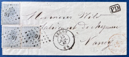 LETTRE N°17 X3 10c Gris Oblitérés GC 16 + Dateur De ARLON + Entrée N°659 Rouge " BELG.AMB.FORBACH / A " Pour NANCY - 1865-1866 Profiel Links