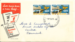 New Zealand FDC 1-5-1964 Keep Our Roads Safe In Pair With Cachet Sent To Denmark - FDC