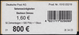 Banderole Für 2302CII SWK 1,60 Zehnerbogen, SAD III ** - 2001-2010