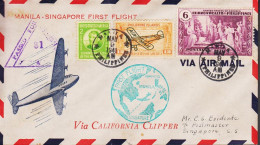 1941. PHILIPPINE ISLANDS. Fine Small MANILA SINGAPORE FIRST FLIGHT Cover With 4 + 12 C AIR M... (Michel 351+) - JF545076 - Filippijnen