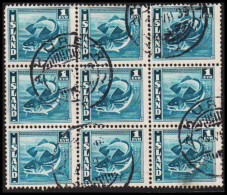 1939. ISLAND. Cod Fish. 1 Eyr Blue-green. Perf. 14 X 13½ In 9block Cancelled AKUREYRI 24 VII... (Michel 208B) - JF545147 - Oblitérés