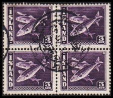 1939. ISLAND. Cod Fish. 3 Eyr. Perf. 14 X 13½ In 4block Cancelled AKUREYRI 24 VII 39.  (Michel 209B) - JF545149 - Gebruikt