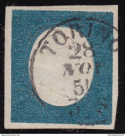 1854 SARDEGNA, N° 8  20 Cent. Azzurro  USATO Firmato Oliva - Sardinië