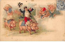Animaux - N°80669 - Cochon - Jeune Homme En Costume Sur Le Dos D'un Cochon, Suivi Par D'autres Cochons - Schweine