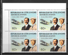 1977 - N° 424 **MNH -Histoire De L'aviation - Frères Wright  - Bloc De 4 - 1 - Costa D'Avorio (1960-...)