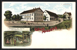 Lithographie Mussbach / Neustadt, Gasthaus Zur Sonne Chr. Kern, Schulhaus, Naturidylle  - Neustadt (Weinstr.)