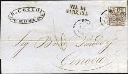 1854-Pontificio Lettera Affrancata 5b. Bianco Rosaceo Con Stampa Inchiostro Grig - Stato Pontificio