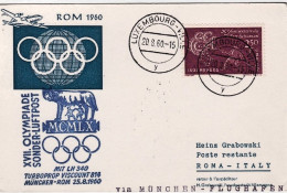 1960-Luxembourg Lussemburgo Cart.ill. Volo Speciale Olimpico Monaco Roma Del 25  - Lettres & Documents