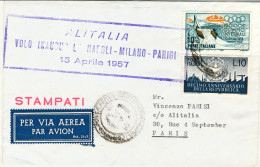 1957-catalogo Pellegrini N.718 Euro 90, I^volo Alitalia Napoli Milano Parigi Del - Airmail