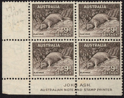 AUSTRALIA 1938 KGVI 9d X 4 Block, Chocolate SG173 MNH With Bottom & Side Gutter - Nuevos