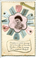 Ecrite 11.11. 1938 * SAINTE CATHERINE Portrait Jeune Femme Encerclé De Ruban Soie Strass Rose & Bleu - Sint Catharina