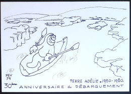 Carte Postale Des EPF Dessinée Par Paul Emile Victor, Terre Adélie, Missions PEV, Débarquement - Briefe U. Dokumente