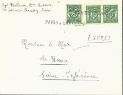 Timbres De Franchise Militaire Vert N°11 X3 Paire + 1 Cachet Linaire Ambulant Paris à Chambéry Lettre En Expres - Military Postage Stamps