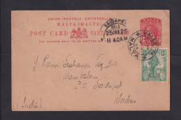 1929 - 1 P. Ganzsache Mit Zufrankatur Ab Valletta Nach INDIEN - Malta