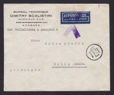 Greece: Airmail Cover To Germany, 1937, 4 Stamps, Overprint Red Cross, Purple Bar Jusqu'a Air Cancel (traces Of Use) - Storia Postale