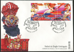 Macao 874-876a Strip, MNH. Michel 913-915. Drunken Dragon Festival, 1997. - FDC