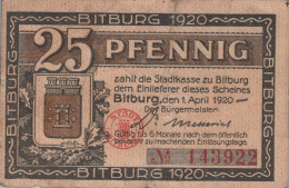 25 PFENNIG 1920 Stadt BITBURG Rhine DEUTSCHLAND Notgeld Banknote #PG449 - [11] Emisiones Locales