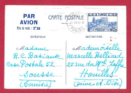 !!! TUNISIE, ENTIER POSTAL PAR AVION DE SOUSSE POUR LA FRANCE D'AOÛT 1942 - Luchtpost