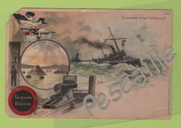 MARINE ALLEMAGNE - CP TORPEDO DIVISION - TORPEDOS UNTER VOLLDAMPF / EINFAHRT ZUM HAFEN VON KIAOTSCHOU LITHOGRAPHIE A.H. - Guerra