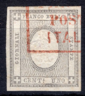 SARDEGNA IV EMISSIONE FRANCOBOLLI PER STAMPATI C.1 SASS 19d CON OTTIMI MARGINI USATO CON ANNULLO SD ROSSO SU TRE RIGHE I - Sardaigne