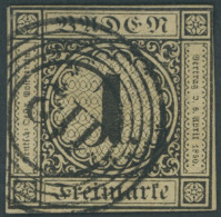 BADEN 1a O, 1851, 1 Kr. Schwarz Auf Sämisch, Nummernstempel 112, Kleine Rückseitige Schürfung Sonst Pracht, Gepr. Brettl - Gebraucht