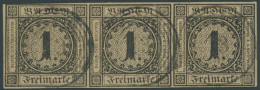 BADEN 1b O, 1851, 1 Kr. Schwarz Auf Braun Im Waagerechten Dreierstreifen, Linke Marke Oben Links Minimal Tangiert Sonst  - Afgestempeld