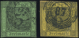 BADEN 6IV,7I O, 1853/4, 3 Kr. Schwarz Auf Grün Und 6 Kr. Schwarz Auf Gelb, 2 Werte Mit Plattenfehlern, Feinst, Mi. 300.- - Usados