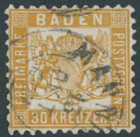 BADEN 22a O, 1862, 30 Kr. Lebhaftgelborange, Repariert Wie Pracht, Gepr. Brettl, Mi. (3200.-) - Oblitérés