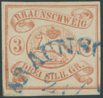 BRAUNSCHWEIG 3 O, 1852, 3 Sgr. Orangerot, Blauer Halbkreisstempel, Gepr. Bühler, Mi. 350.- - Braunschweig