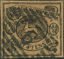 BRAUNSCHWEIG 4 O, 1856, 1/4 Ggr. Schwarz Auf Gelbbraun, Mit Blauschwarzem Nummernstempel 6 (Boerssum), Kabinett, Kurzbef - Braunschweig
