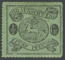 BRAUNSCHWEIG 10B , 1864, 1/2 Gr. Schwarz Auf Lebhaftgraugrün, Bogenförmig Durchstochen 16, Falzreste, Pracht, Fotoattest - Braunschweig