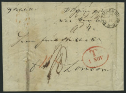 HAMBURG 1842, T 1 NOV, Rote Sonderform Auf Brief Von Königsberg (K1) Nach London, Feinst (Reg.-büge) - Precursores