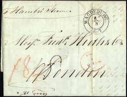 HAMBURG - GRENZÜBERGANGSSTEMPEL 1845, T 8 AUG, In Rot Auf Brief Von Magdeburg (K2) Nach London, Handschriftlich Hamburg  - [Voorlopers