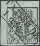 HANNOVER 1 O, 1850, 1 Ggr. Schwarz Auf Graublau, Obere Linke Bogenecke, Diagonaler R2 BUXTEHUDE, Kabinett - Hannover
