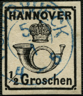 HANNOVER 17y O, 1860, 1/2 Gr. Schwarz, Mit Blauem K2OSNABRÜCK, Kabinett, Kurzbefund Berger, Mi. (250.-) - Hanover