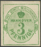 HANNOVER 20 , 1863, 3 Pf. Olivgrün, Ohne Gummi, Pracht, Gepr. Grobe, Mi. 200.- - Hannover