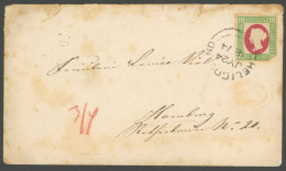 HELGOLAND 10 BRIEF, 1874, 11/2 S. Hellgrün/karmin (rechte Untere Ecke Fehlt) Auf Brief Nach Hamburg, Rückseitiger Hufeis - Helgoland