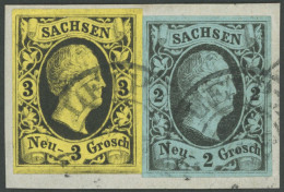 SACHSEN 5,6 BrfStk, 1851, 2 Ngr. Schwarz Auf Mattpreußischblau Und 3 Ngr. Schwarz Auf Mittelolivgelb, K2 LEIPZIG, Voll-b - Sachsen