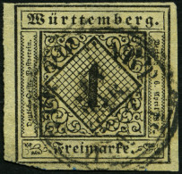 WÜRTTEMBERG 1yb O, 1851, 1 Kr. Schwarz Auf Mittelgraugelbem Seidenpapier, Untere Linke Ecke Leicht Knapp Sonst Pracht, G - Usados