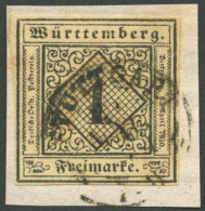 WÜRTTEMBERG 1yb BrfStk, 1851, 1 Kr. Schwarz Auf Mittelgraugelbem Seidenpapier, Prachtbriefstück, Gepr. U.a. Thoma Und Ku - Used