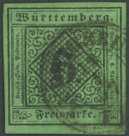 WÜRTTEMBERG 3b O, 1851, 6 Kr. Schwarz Auf Blaugrün, Pracht, Gepr. W. Engel, Mi. 60.- - Autres & Non Classés