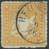 WÜRTTEMBERG 34 O, 1867, 18 Kr. Orangegelb, Pracht, Gepr. Thoma, Mi. 1000.- - Usati