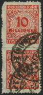 Dt. Reich 318B Paar O, 1923, 10 Mio. M. Dunkelzinnober Im Senkrechten Paar, üblicher Durchstich, Pracht, Gepr. Dr. Oechs - Usados