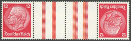 ZUSAMMENDRUCKE KZ 19 PFI , 1933, Hindenburg 12 + Z + Z + 12, Wz. 2, Mit Plattenfehler Roter Strich Am Bildrand (Feld 27) - Se-Tenant