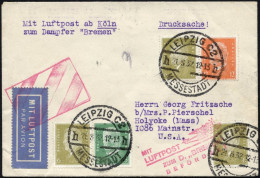 KATAPULTPOST 21.8.1932, Mit Luftpost Zum Dampfer Bremen Befördert, Luftpostdrucksache Von Leipzig In Die USA, Pracht - Cartas & Documentos
