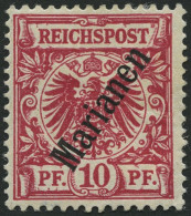 MARIANEN 3IIb , 1900, 10 Pf. Lilarot Steiler Aufdruck, Stärkere Falzreste, Pracht, Gepr. Jäschke-L., Mi. 200.- - Islas Maríanas