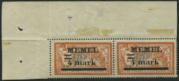 MEMELGEBIET 31IyPF Ia , 1920, 4 M. Auf 2 Fr. Rötlichorange/hellgrünlichblau, Type I, Mit Abart Querbalken Der 4 Verdickt - Memelland 1923