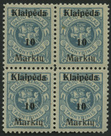 MEMELGEBIET 129I VB , 1923, 10 M. Auf 5 C. Grünlichblau, Aufdruck Ohne (Memel) Und Doppelbalken, Im Viererblock, Postfri - Memel (Klaipeda) 1923