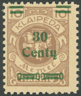 MEMELGEBIET 222 , 1923, 30 C. Auf 10 M. Hellbraun, Postfrisch, Pracht, Mi. 250.- - Memel (Klaipeda) 1923